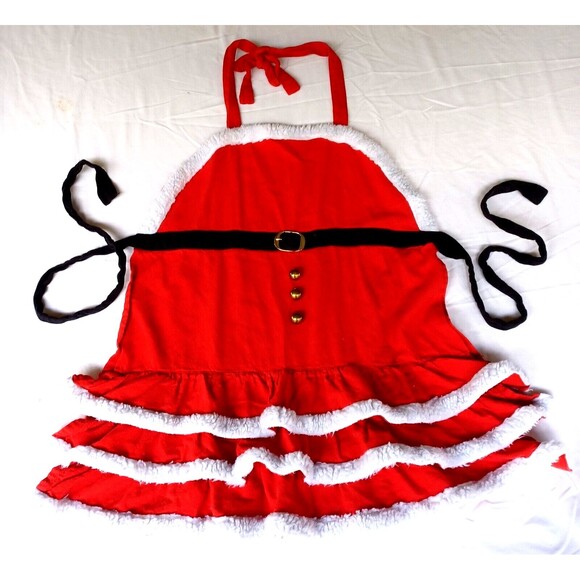 Pier 1 Christmas Red Apron Santa Claus Cookie Baking Gold Tone Accents - Picture 3 of 16
